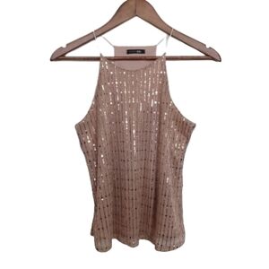 PAPERMOON Lightweight Champagne Metallic Embellished Sequin Spaghetti Strap Top